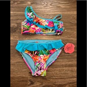 BNWT Coral Tropics by Apollo Swimwear, Girls Sz 8 Tropical Bikini With Ruffles👙